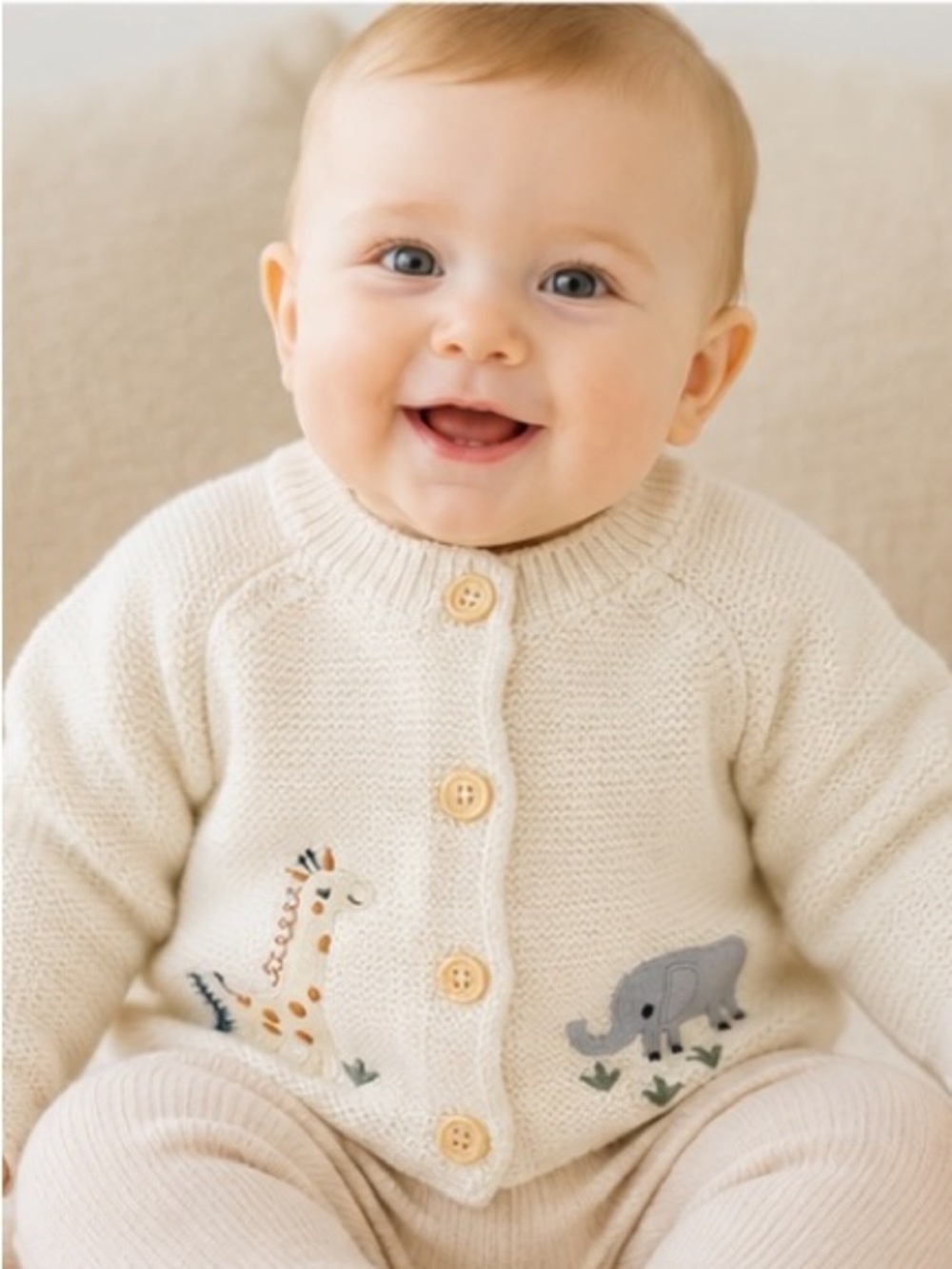 NEW - Mimou Baby Embroidered Safari Animals Knit Cardigan Sweater Unisex 0-3M